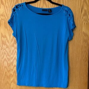 Tahari Bright Blue Short-Sleeve Tee with Lace-Up Shoulder Detail